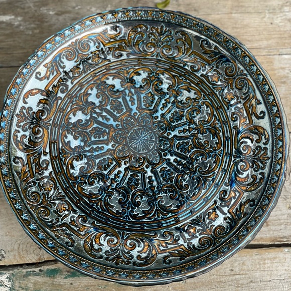 Antiqued Blue Silver Foil Embossed Glass Cake platter - Picture 4 of 16